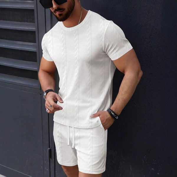 Men's textured knit t-shirt shorts set regular fit round neck drawstring waist lounge