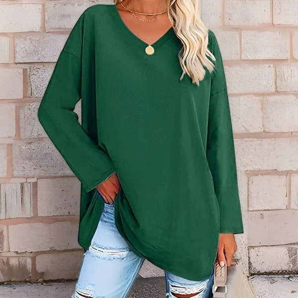 Women's oversized long sleeve V-neck shirt cotton-feel fabric relaxed casual fit