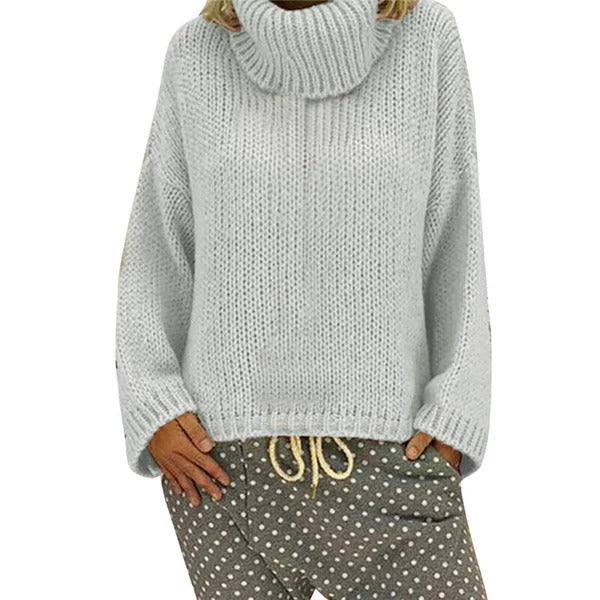 Women's oversized chunky knit sweater high collar ribbed edges cozy casual warm pullover