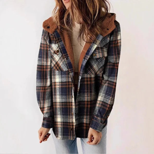 Women's checkered fleece lined hooded shirt relaxed fit with full button closure for cozy warmth