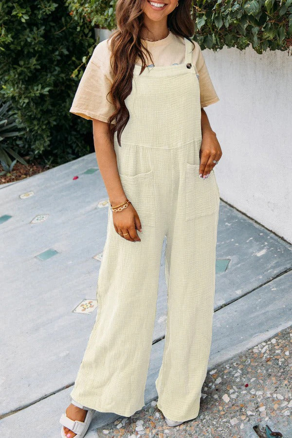 Women's relaxed fit wide leg sleeveless jumpsuit cotton blend with front pockets summer essential