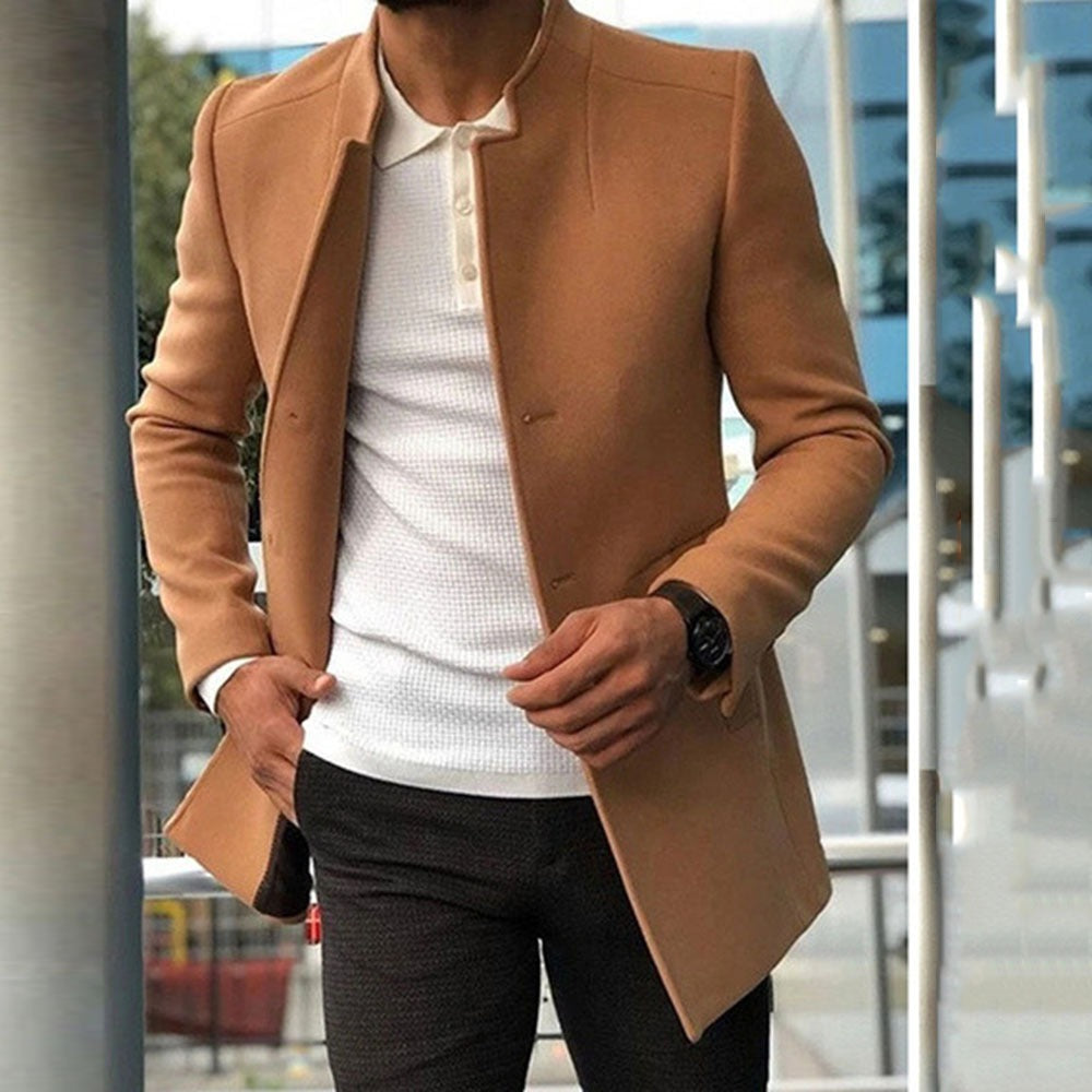 Men's slim fit mid-length wool coat charcoal Mandarin collar elegant autumn winter style