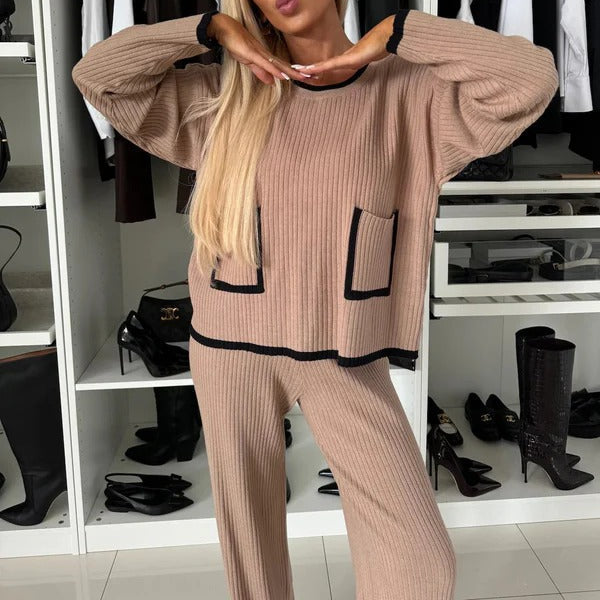 Women's ribbed knit two-piece loungewear set relaxed fit full-length pants with contrast trim