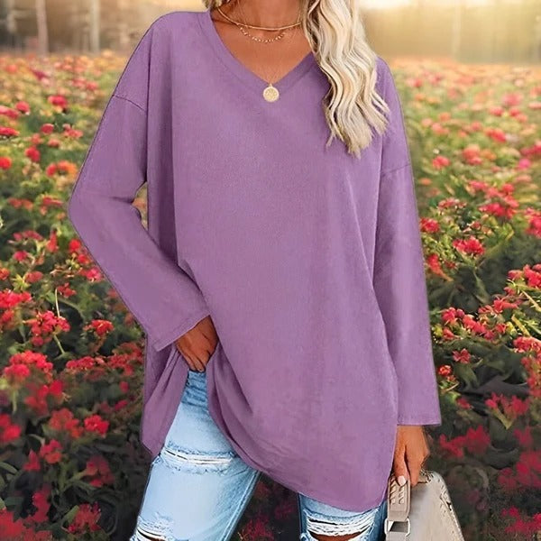 Women's oversized long sleeve V-neck shirt cotton-feel fabric relaxed casual fit