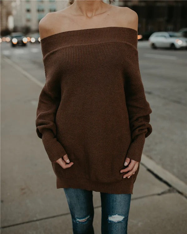 Women's oversized off-shoulder knit sweater with ribbed cuffs, casual everyday style in soft fiber blend