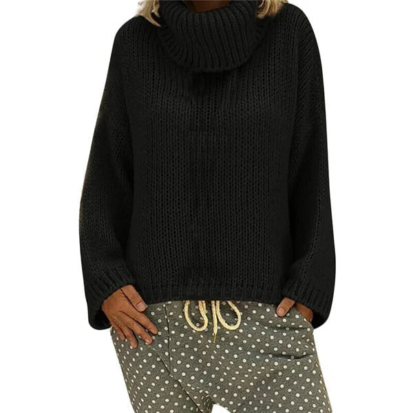 Women's oversized chunky knit sweater high collar ribbed edges cozy casual warm pullover
