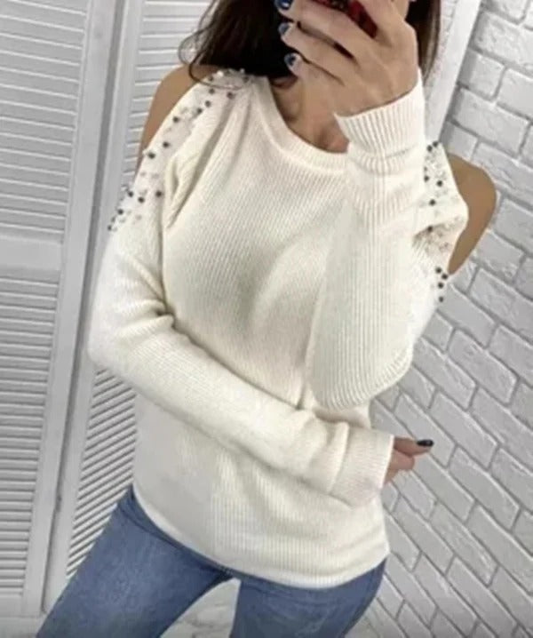 Women's slim-fit ribbed wool knit sweater with pearl-embellished shoulder cutouts, elegant everyday style