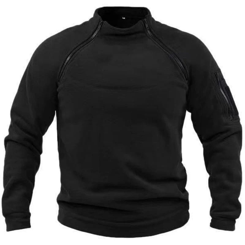 Men's gray fleece pullover relaxed fit high collar with utility zippers for outdoor warmth