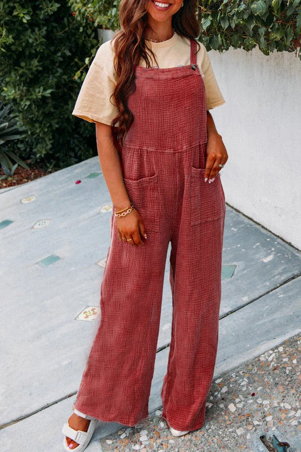 Women's relaxed fit wide leg sleeveless jumpsuit cotton blend with front pockets summer essential