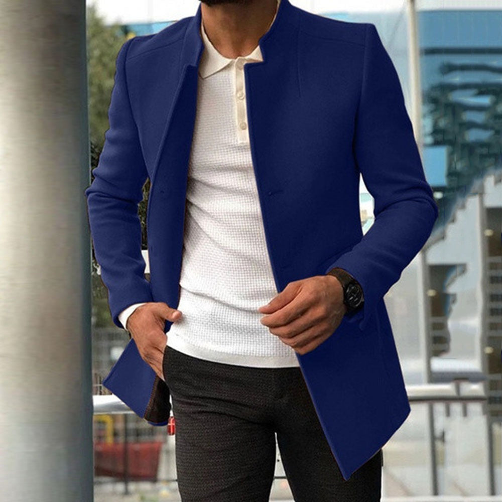Men's slim fit mid-length wool coat with mandarin collar in elegant autumn style