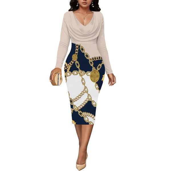 Women's midi dress fitted silhouette wrap V-neckline bold chain print versatile day-to-night style
