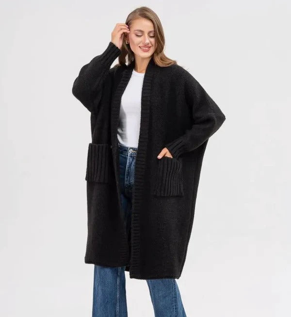 Women's oversized long cardigan soft wool texture cozy fit with large functional pockets
