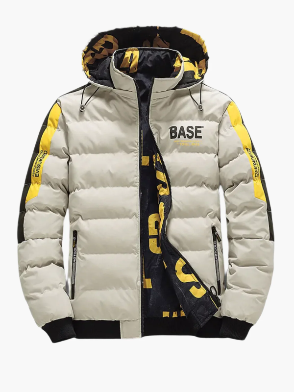 Men's black hooded puffer jacket hip-length regular fit with ribbed cuffs for winter warmth
