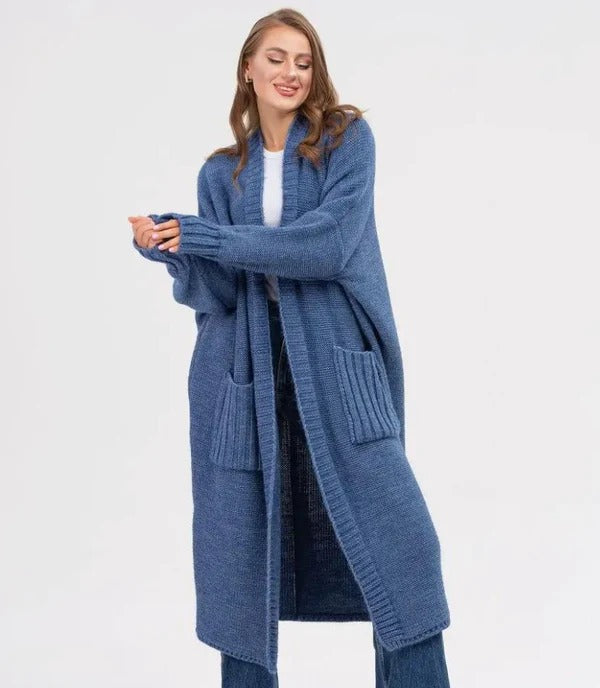 Women's oversized long cardigan soft wool texture cozy fit with large functional pockets