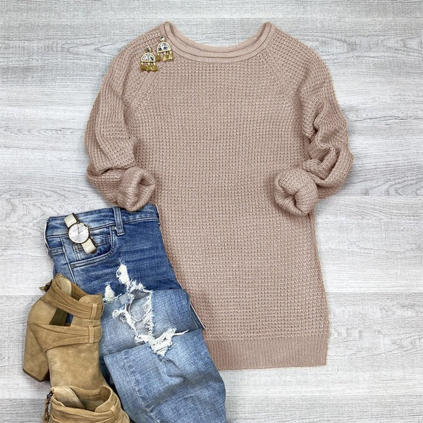Women's oversized wool blend sweater with cowl neck and side slits in cozy neutral tones