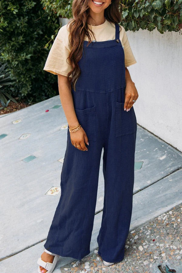 Women's relaxed fit wide leg sleeveless jumpsuit in cotton blend with front pockets summer essential
