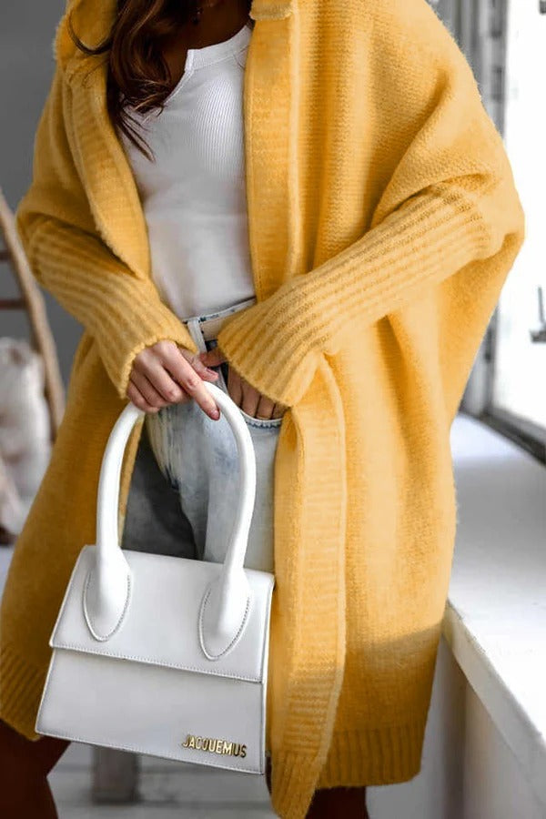 Women's oversized hooded knit cardigan open front ribbed edges cozy street-style layering piece