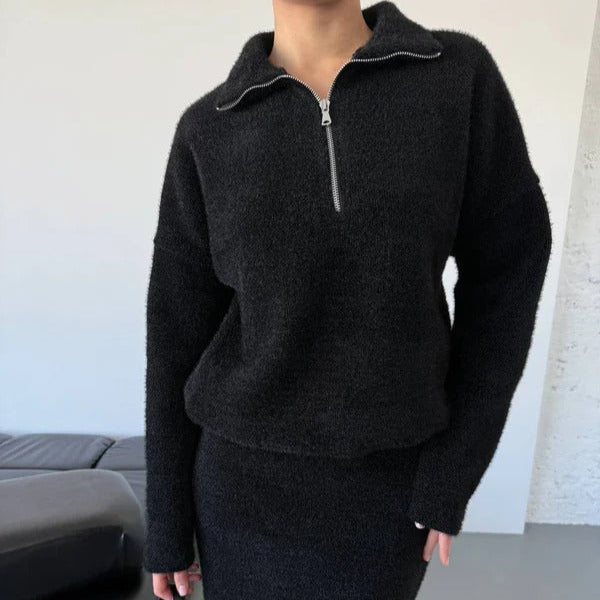 Women's wool blend loose fit pullover sweater half-zip mock neck cozy knit hip length