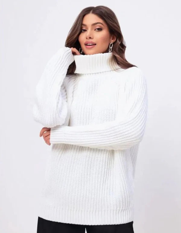 Women's relaxed fit ribbed knit turtleneck sweater in soft wool texture, cozy fall winter essential