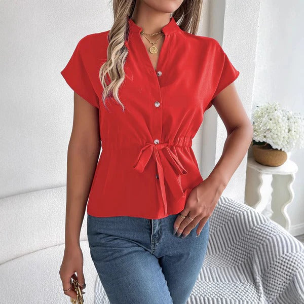Women's tailored cotton blouse, button-front short sleeve top with waist tie, versatile professional style