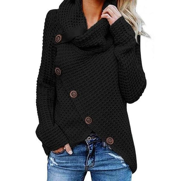 Women's relaxed fit waffle knit cowl neck sweater with asymmetric button front, cozy chic style