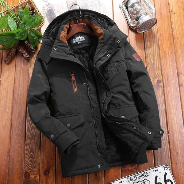 Men's oversized fleece-lined hooded jacket with quilted shoulders, relaxed urban fit for fall winter