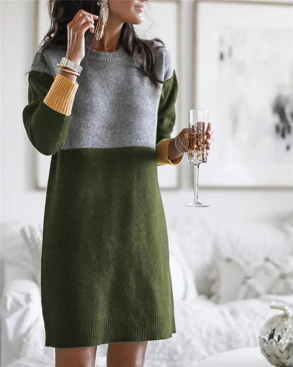 Women's relaxed fit long sleeve knit dress color block pattern everyday comfort casual style