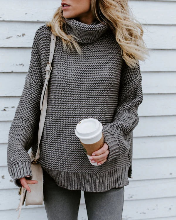 Women's oversized ribbed knit turtleneck sweater with long sleeves cozy relaxed fit fall winter