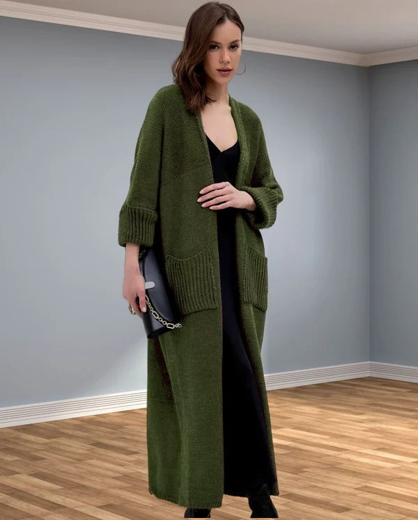 Women's oversized knit coat V-neck style with pockets, relaxed silhouette for effortless layering