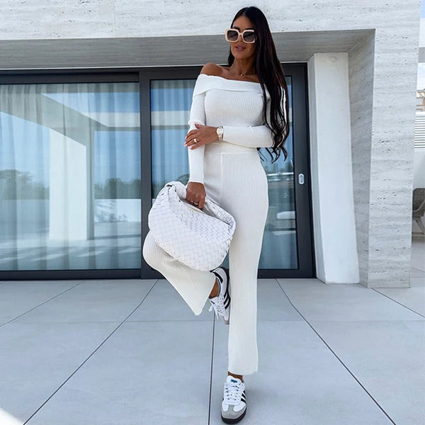 Women's off-shoulder knit jumpsuit slim fit flared leg full-length chic versatile style