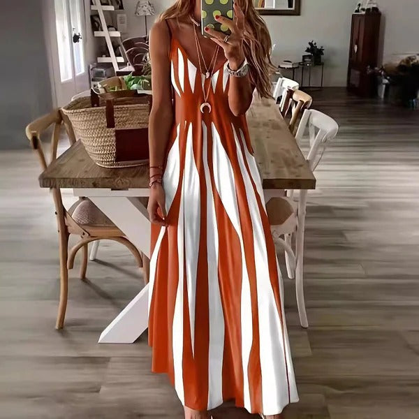 Women's striped maxi dress sleeveless V-neck flowing silhouette slim straps summer vacation style