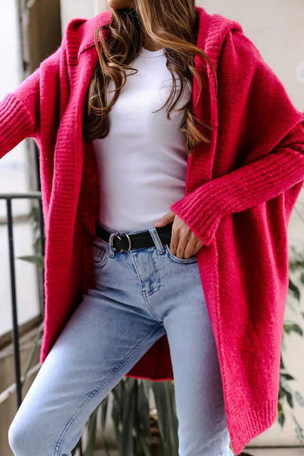 Women's oversized hooded open-front knit cardigan with ribbed edges for cozy everyday style
