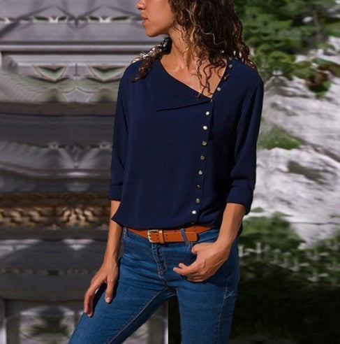 Women's loose fit long sleeve cotton blend shirt top with asymmetrical button detail for everyday style