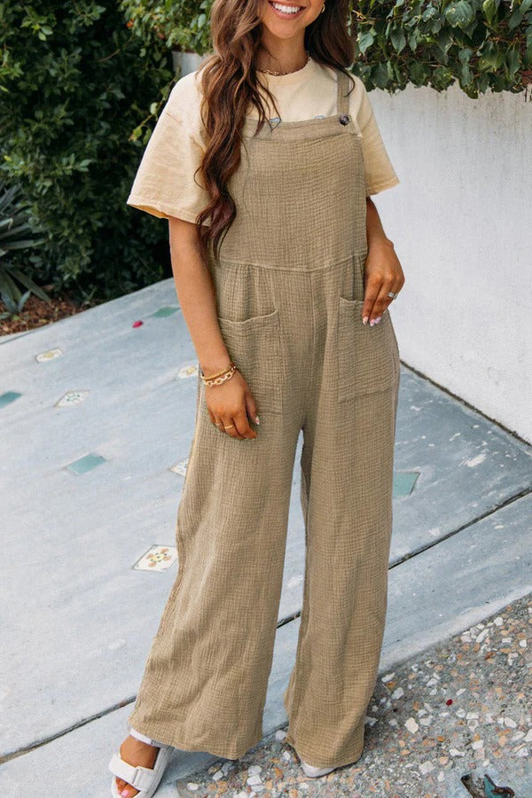 Women's relaxed fit wide leg sleeveless jumpsuit cotton blend with front pockets, summer essential