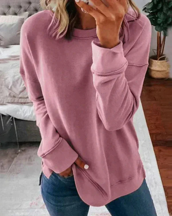 Women's relaxed fit crew neck sweatshirt soft cotton blend with ribbed hem in neutral everyday style