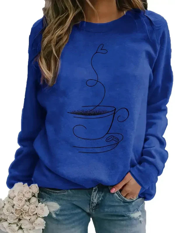 Women's relaxed fit cotton blend crew neck sweatshirt with coffee cup graphic print