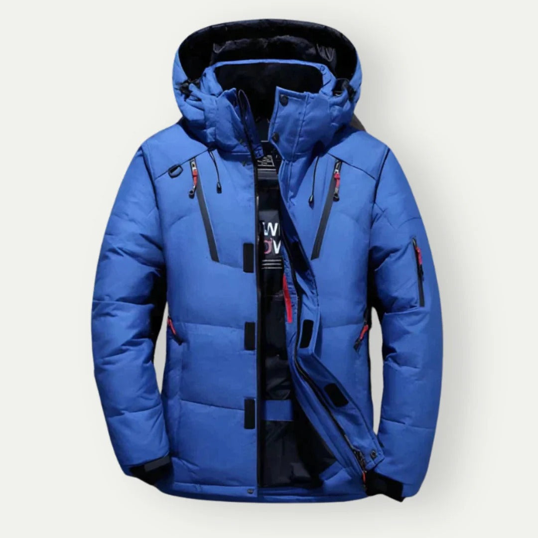 Men's slim fit hooded down jacket water-resistant zipper closure cold-weather insulated puffer coat