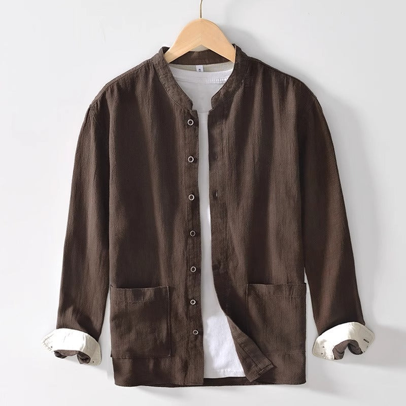 Unisex white textured relaxed-fit mandarin collar shirt with clean minimalist lines and premium everyday edge