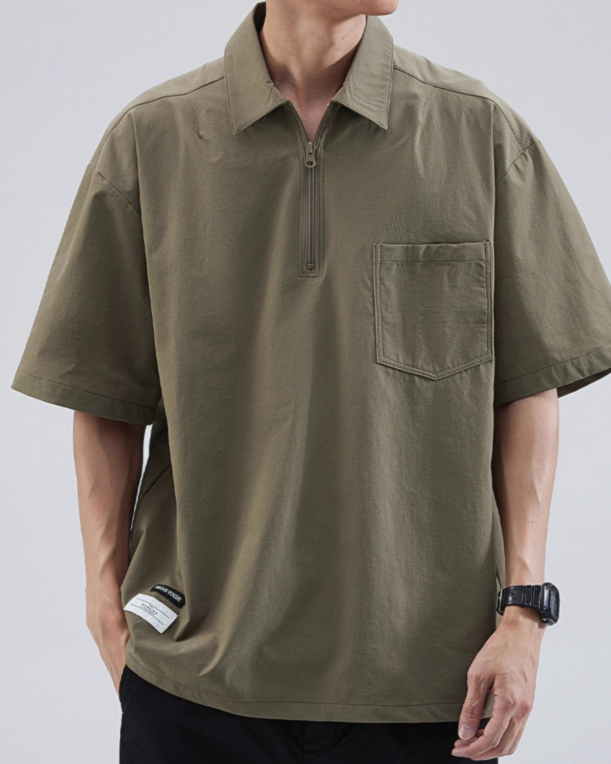 Oversized boxy ice silk polo shirt with zip collar, lightweight cooling fabric for warm weather