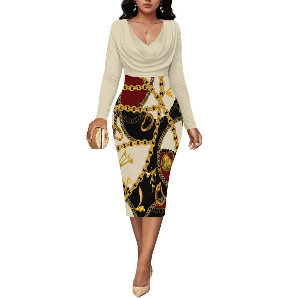 Women's midi dress fitted silhouette wrap V-neckline bold chain print versatile day-to-night style