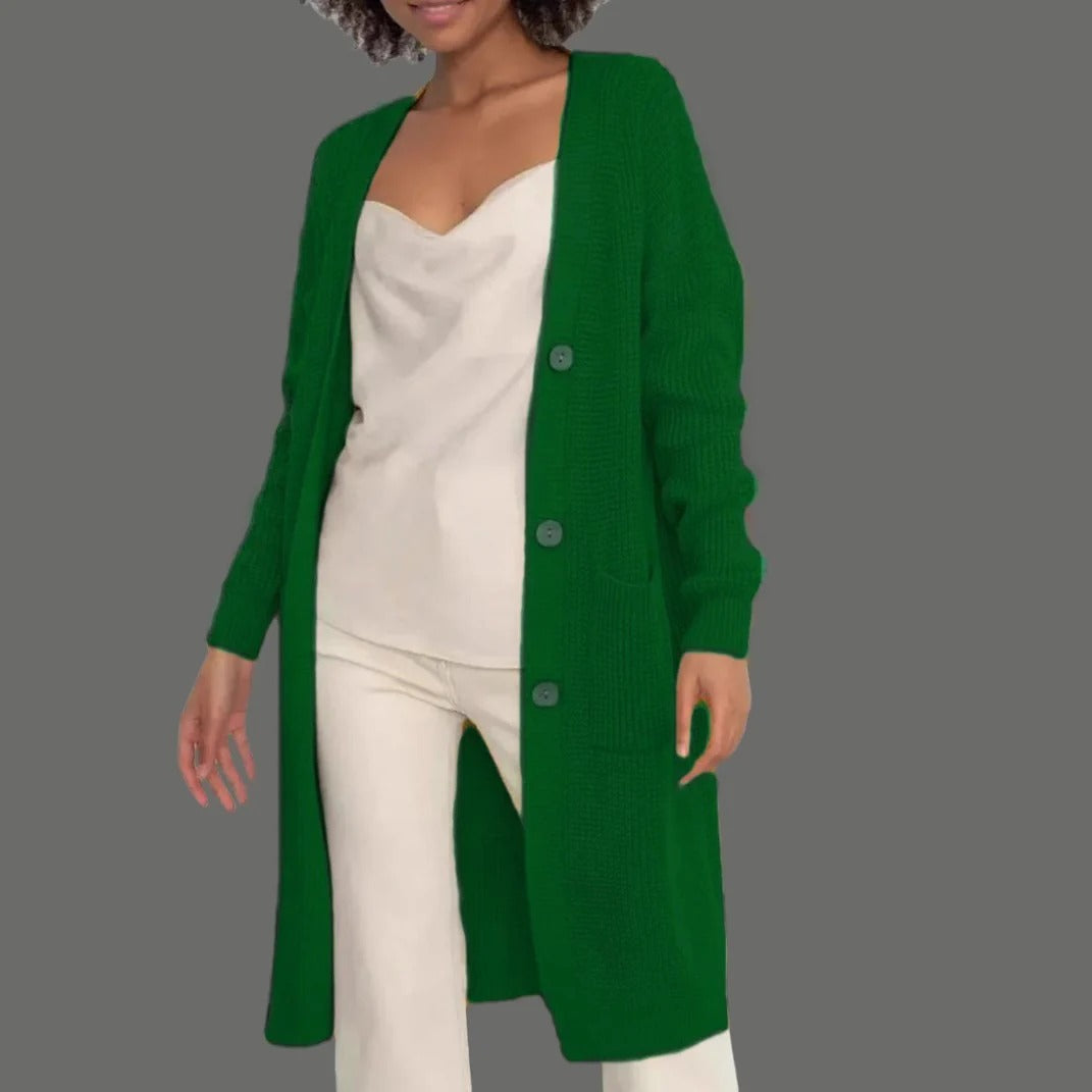 Women's long soft knit cardigan relaxed fit with pockets and button closure for effortless layering