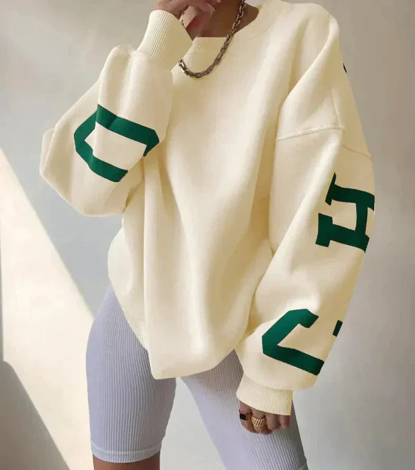 Women's oversized cotton blend sweatshirt with dropped shoulders and bold side print casual style