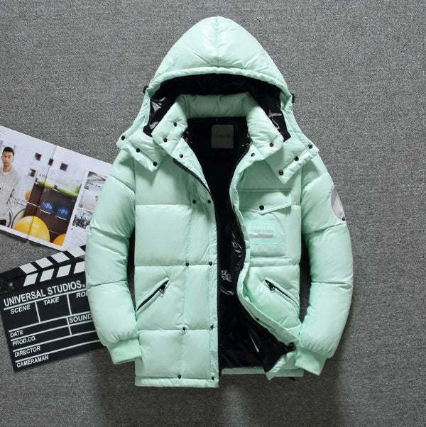 Men's navy hooded down jacket water-repellent shell lightweight insulated all-season outerwear