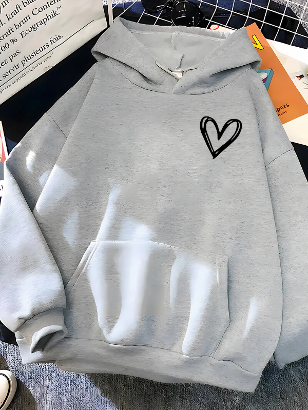 Women's relaxed fit cotton blend hoodie with heart print design and kangaroo pocket in casual style