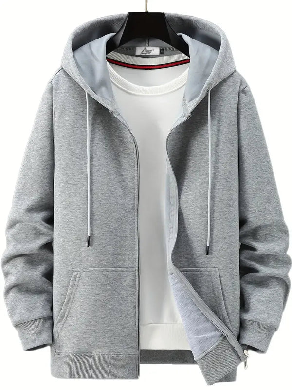 Men's gray zip-up hoodie relaxed fit soft cotton blend with drawstring hood casual everyday
