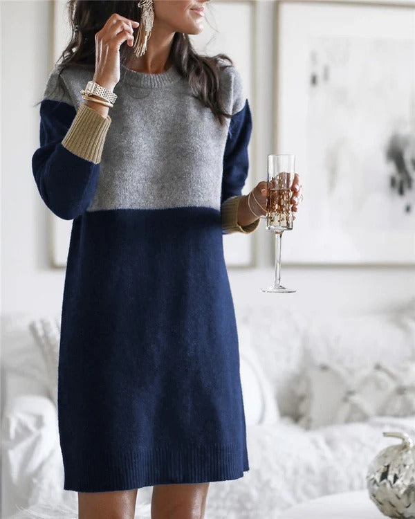 Women's relaxed fit long sleeve knit dress color block pattern everyday comfort casual style