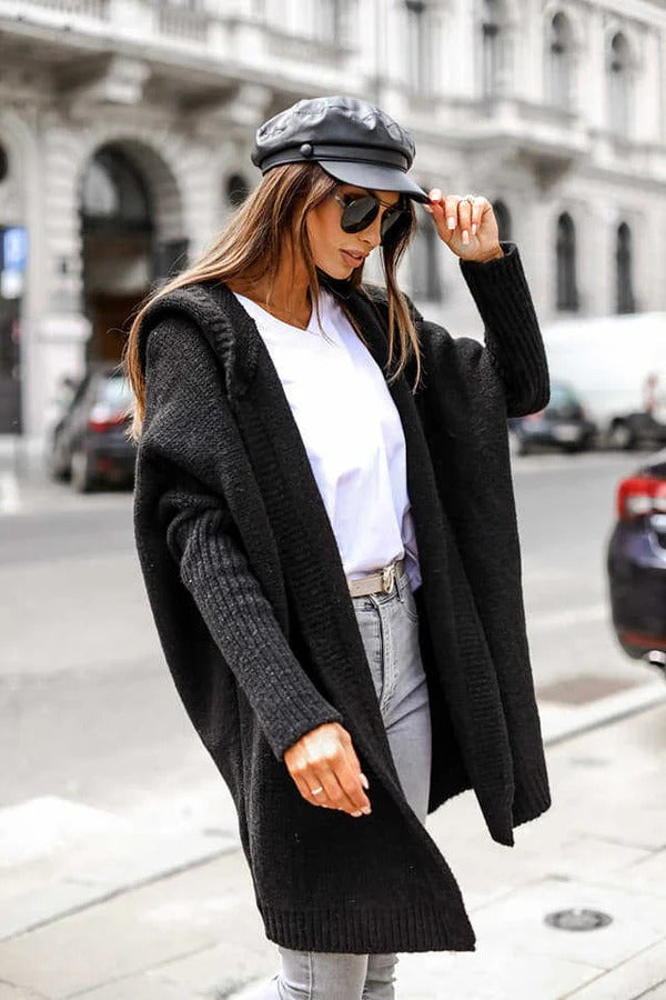 Women's oversized hooded knit cardigan open front ribbed edges cozy street-style everyday wear
