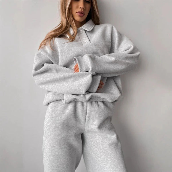 Women's two-piece fleece sweatshirt lounge set with collared top in relaxed cozy fit