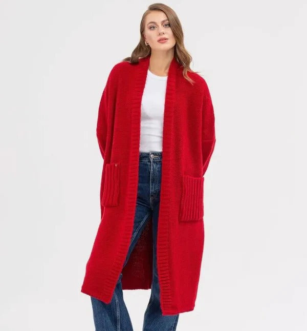 Women's oversized long cardigan soft wool texture cozy fit with large functional pockets