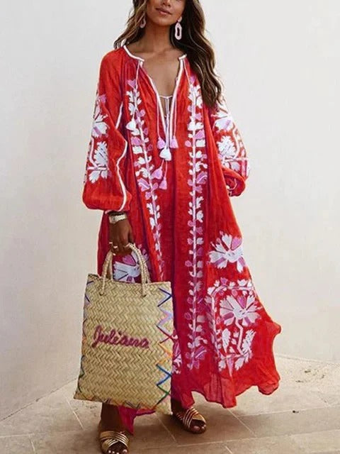 Women's floral embroidered kaftan dress breathable cotton flowy relaxed silhouette warm-weather chic
